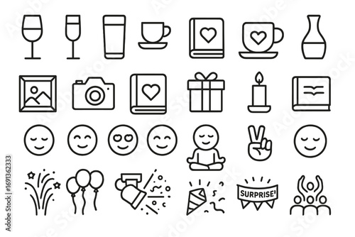 Romantic Dinner Icons. Outline icon set of romantic dinner drinks: wine glass, champagne flute, cocktail glass, water glass,