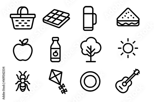 Family Picnic Icons. Outline icon set of family picnic gatherings: picnic basket, blanket, thermos, sandwich,