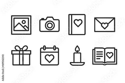 Romantic Dinner Icons. Outline icon set of romantic dinner drinks: wine glass, champagne flute, cocktail glass, water glass,