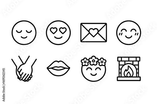 Romantic Mood Icons. Outline icon set of romantic moods: dreamy face, heart eyes, love letter, blushing cheeks, holding hands,