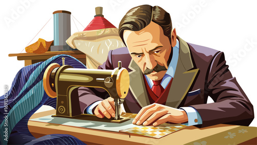 A tailor in classic atelier works with sewing machine on folded fabric. Isolated white background conveys elegance, precision, and handmade tradition of fashion craftsmanship.