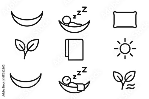 Hammock Nap Icons. Outline icon set of hammock napping: hammock, sleeping person, “zzz” icon, pillow, blanket,