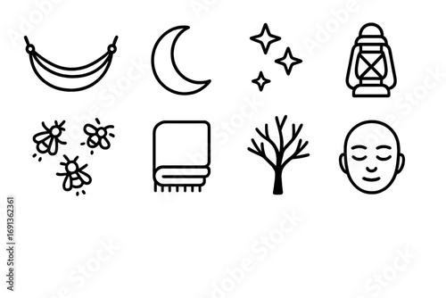 Evening Hammock Icon Set. Outline icon set of evening hammock rest: hammock, moon, stars, lantern, fireflies,