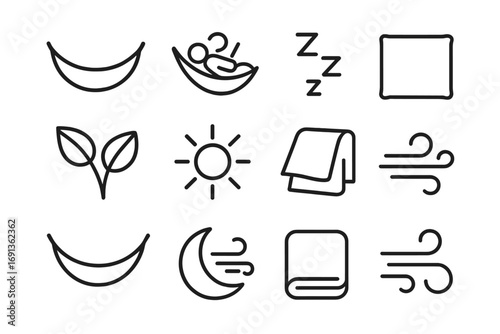 Hammock Nap Icons. Outline icon set of hammock napping: hammock, sleeping person, “zzz” icon, pillow, blanket,