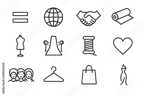 Fashion Diversity Symbols. Outline icon set of fashion diversity symbols: equality sign, globe, handshake,