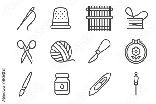 Craft Icons Grid. Outline icon set of artisan craft in fashion: sewing needle, thimble, thread, handloom,