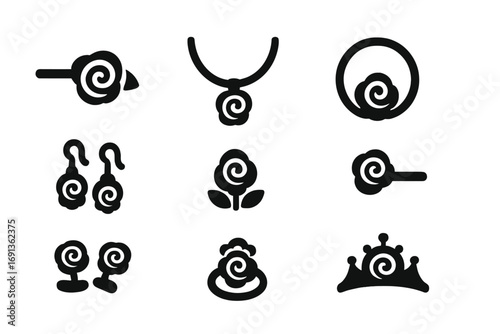 Rose Accessories Icons. Solid, filled icon set of rose accessories: rose hairpin, rose necklace, rose ring, rose bracelet, rose