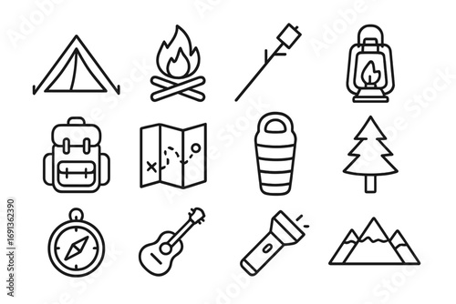 Family Camping Icons. Outline icon set of family camping trips: tent, campfire, marshmallow stick, lantern, backpack, map,