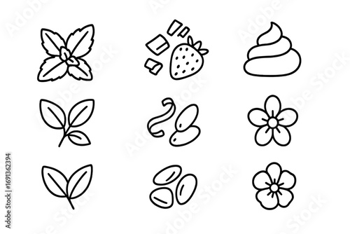 Dessert Garnish Icon Set. Outline icon set of garnish in desserts: mint sprig, chocolate shavings, strawberry,