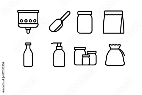 Refill Store Icon Set. Outline icon set of refill and bulk store: dispenser bin, scoop, reusable container,