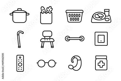 Senior Assistance Icons. Outline icon set of daily assistance for seniors: cooking pot, grocery bag, laundry