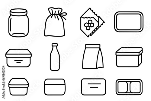 Zero-Waste Packaging Icons. Outline icon set of zero-waste food packaging: reusable jar, cloth bag, beeswax