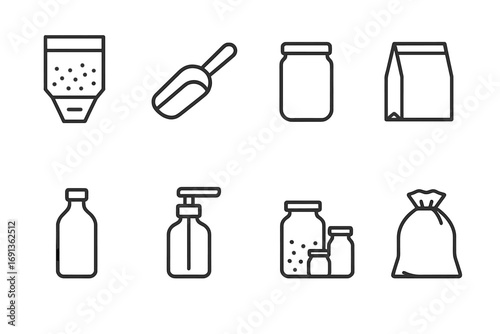 Refill Store Icon Set. Outline icon set of refill and bulk store: dispenser bin, scoop, reusable container,