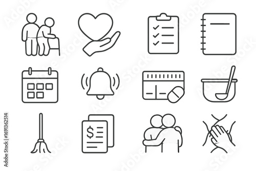 Caregiving Icon Set. Outline icon set of caregiving responsibilities: caregiver figure, heart with hand,
