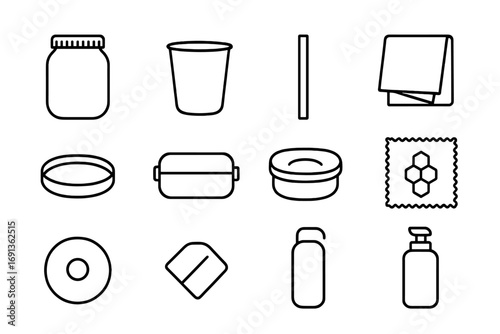Reusable Kitchenware Icons. Outline icon set of reusable kitchenware: mason jar, stainless cup, bamboo straw,