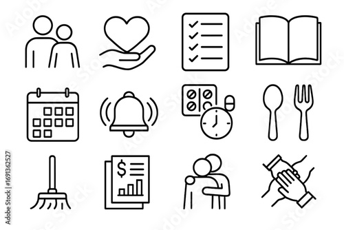 Caregiving Icon Set. Outline icon set of caregiving responsibilities: caregiver figure, heart with hand,
