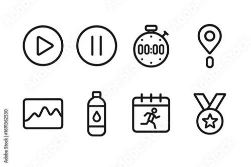 Running App Icons. Outline icon set of running app features: start button, pause button, lap timer, distance tracker, elevation
