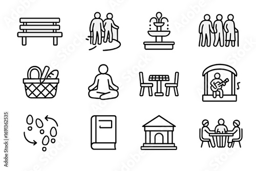 Elderly Recreation Icons. Outline icon set of elderly recreation in community: park bench, walking path,