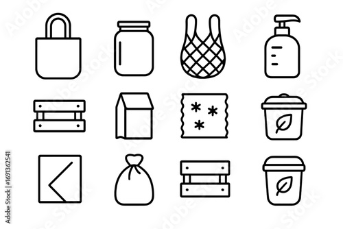Eco Shopping Icons. Outline icon set of eco-shopping essentials: tote bag, jar, net bag, refill container,