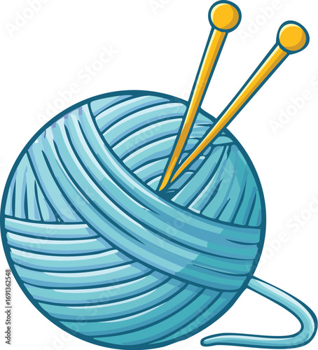 A blue ball of wool yarn with yellow knitting needles. A vector icon for knitting, crochet, crafts, and handmade hobbies. Generative AI