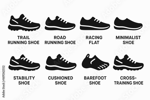 Running Shoe Icons. Solid, filled icon set of running shoes types: trail running shoe, road running shoe, racing flat, minimalist