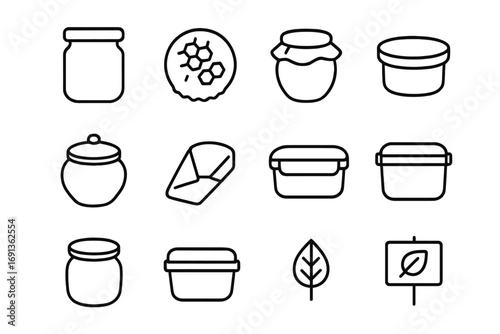Eco-friendly Food Preservation. Outline icon set of food preservation eco-style: glass jar, beeswax wrap,