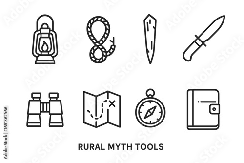 Rural Myth Toolkit Icons. Outline icon set of rural myth tools: lantern, rope trap, wooden stake, hunting knife, binoculars, map,