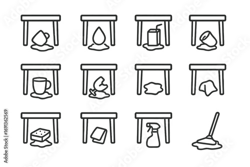 Spill Icons Collection. Outline icon set of accidental spills under furniture: cup, water drop, juice box,