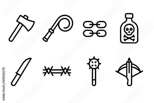Ruthless Tools Icons. Outline icon set of ruthless tools: axe, whip, chains, poison bottle, knife, barbed wire, mace, crossbow.