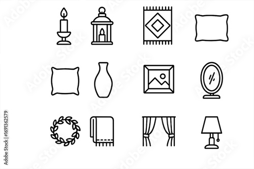 Cozy Home Decor Icons. Outline icon set of cozy home decor from markets: candle holder, lantern, rug, pillow,