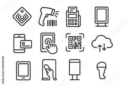 Retail Technology Icons. Outline icon set of retail technology: RFID tag, barcode scanner, POS terminal,