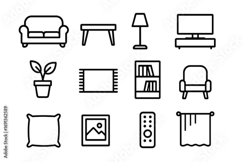 Living Room Icon Set. Outline icon set of living room environment: sofa, coffee table, TV, lamp, plant, rug,