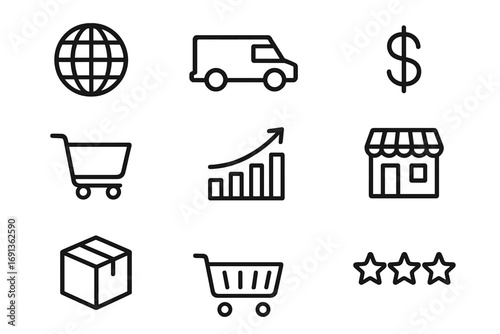 Marketplace Icon Set. Outline icon set of marketplace competition: global store icon, delivery van, dollar