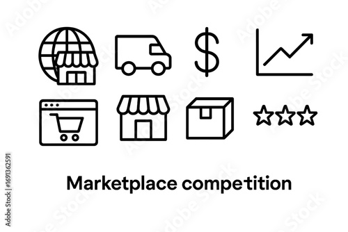 Marketplace Icon Set. Outline icon set of marketplace competition: global store icon, delivery van, dollar