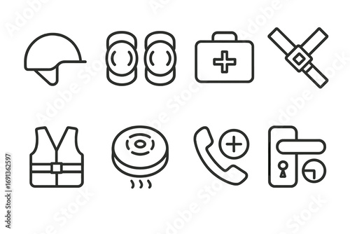 Safety Icons Set. Outline icon set of cousin safety and protection: helmet, knee pads, first aid kit, seatbelt, life jacket, smoke
