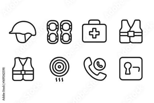 Safety Icons Set. Outline icon set of cousin safety and protection: helmet, knee pads, first aid kit, seatbelt, life jacket, smoke