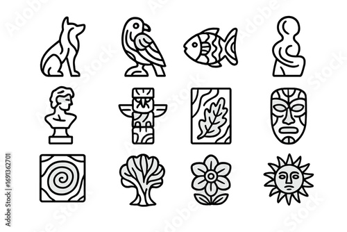 Artistic Wood Sculptures Icons. Outline icon set of artistic wood sculptures: animal, bird, fish, abstract
