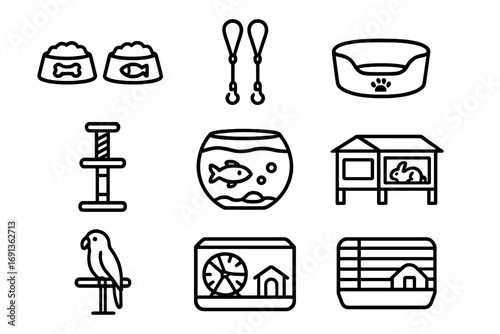Multi-Pet Home Icons. Outline icon set of multi-pet homes: food bowls set, double leash, shared bed,