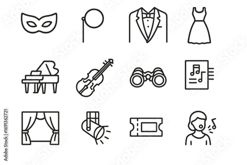 Opera Performance Icons. Outline icon set of opera and classical performance: opera mask, monocle, tuxedo,