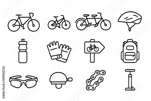 Family Cycling Icons. Outline icon set of family cycling activities: adult bike, child bike, tandem bike, helmet, water bottle,
