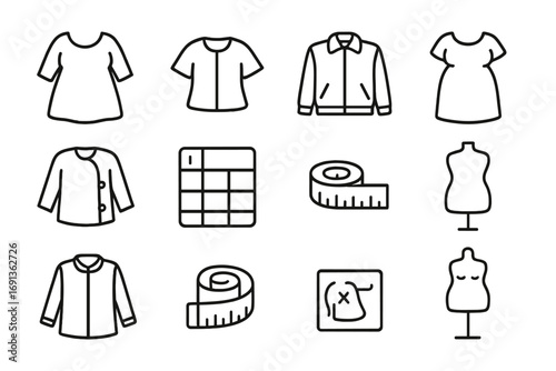 Inclusive Fashion Icons. Outline icon set of fashion for all sizes: plus-size dress, petite blouse, unisex