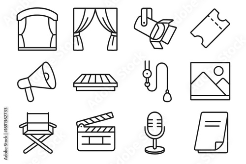 Stage Performance Icons. Outline icon set of stage performance elements: stage arch, velvet curtain, spotlight