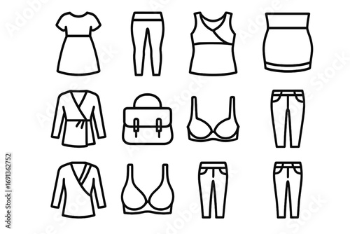 Maternity Fashion Icons. Outline icon set of maternity and nursing fashion: maternity dress, stretchy leggings