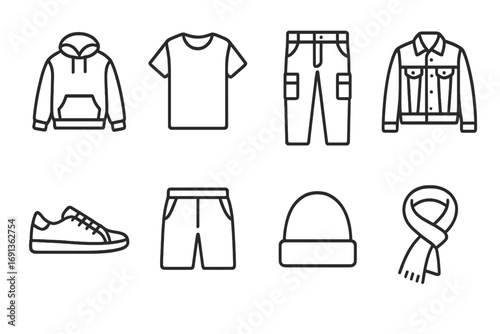 Wallpaper Mural Gender-Neutral Clothing Icons. Outline icon set of gender-neutral clothing: hoodie, t-shirt, cargo pants, Torontodigital.ca