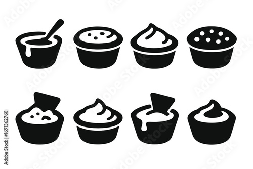 Icon Set_ Sauces & Dips. Solid, filled icon set of side dish sauces and dips: gravy, ranch dressing, hummus, salsa, guacamole,