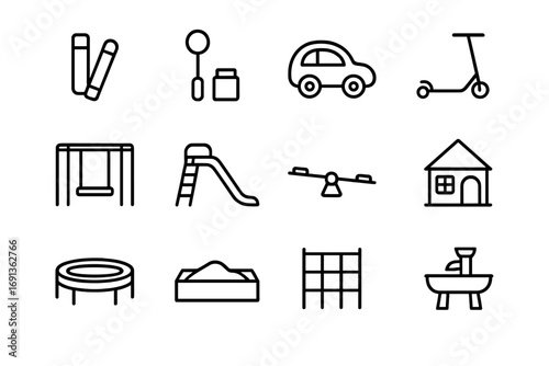 Kids' Outdoor Icons Grid. Outline icon set of outdoor kids’ activities: chalk, bubble wand, toy car, scooter,
