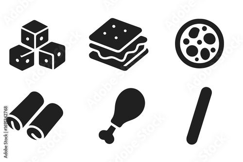Savory Snacks Icons. Solid, filled icon set of savory snacks: cheese cubes, crackers, sandwich, mini pizza, spring rolls, sausage