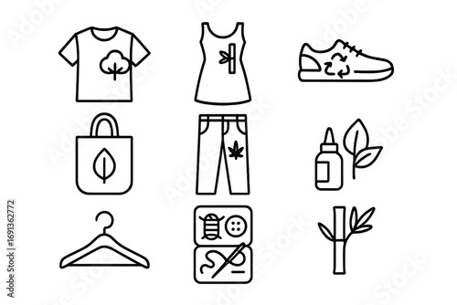 Sustainable Fashion Icons. Outline icon set of sustainable inclusive fashion: organic cotton shirt, bamboo