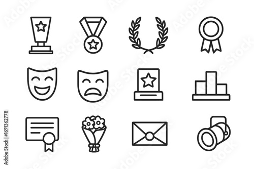 Theater Award Icons. Outline icon set of theater awards and recognition: trophy, medal, laurel wreath, ribbon,