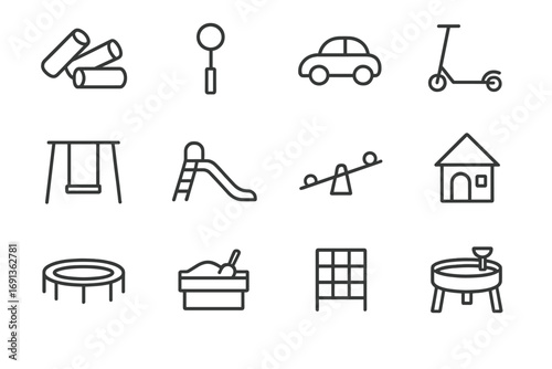 Kids' Outdoor Icons Grid. Outline icon set of outdoor kids’ activities: chalk, bubble wand, toy car, scooter,